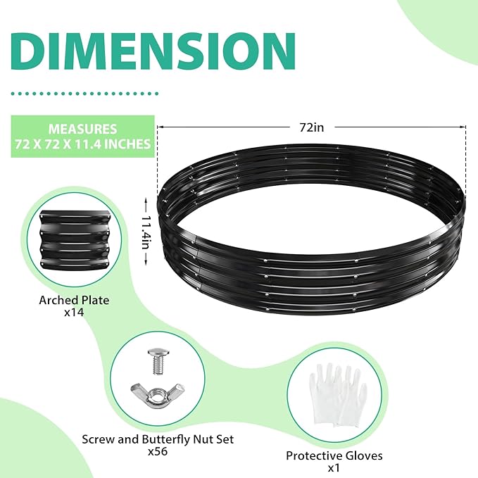 6FT Diameter Galvanized Garden Raised Bed/Plant Box/Fire Pit Ring-0.8mm Thick,12 Inch Tall,Crimped Edge and Corner,No Sharpe,Perfect for Plantings (Black, 72 Dia X 12 inches)