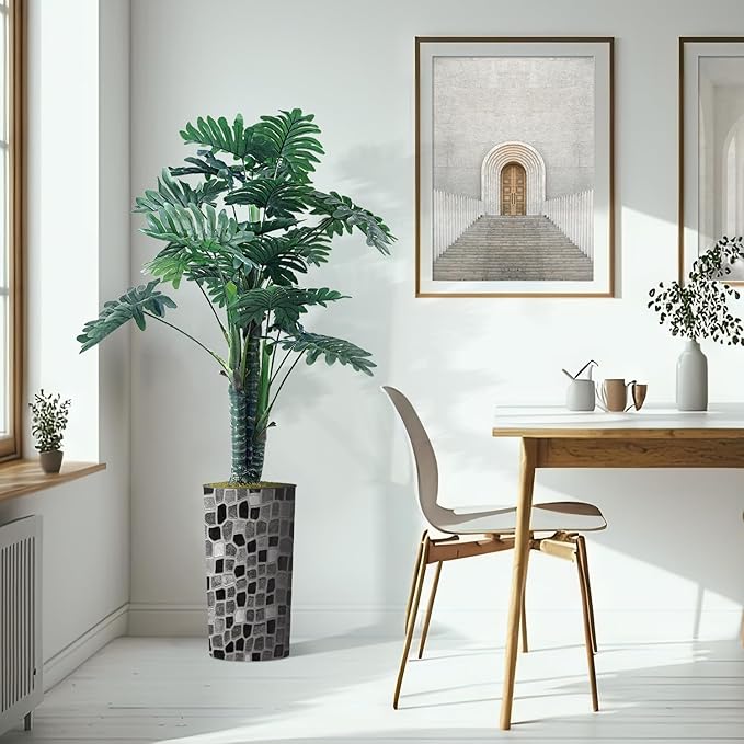 Artificial Tree in Modern Geometric Pattern Planter, Fake Philodendron Tree Silk Tree for Indoor and Outdoor Home Decoration - 70" Overall Tall (Plant Pot Plus Tree)
