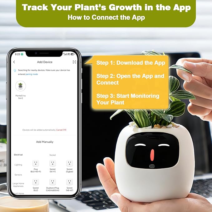 Plantsio AI Smart Pot for Plants with App Control, Self-Watering, Visual Display & 80ml Reservoir, Digital Plant Pot Supports 100+ Plants, Pomodoro Timer, Clock & Calendar,Desk & Office Planter-White