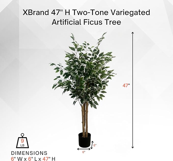 XBrand 47.2-Inches Two-Tone Variegated Artificial Ficus Tree in Pot for Indoor Outdoor Home Office Store, Great Housewarming Gift
