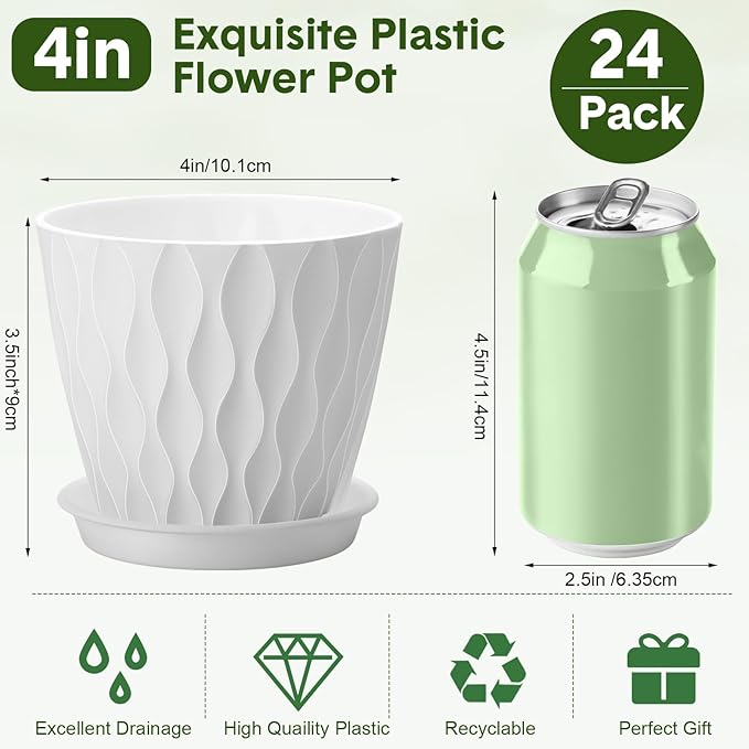 Acellegic 24 Pack 4 Inch Small Pots for Succulents, Waffle Texture Pots with Tray, Plastic Planter with Drainage Holes and Saucers, for Indoor Outdoor Plants Flowers, Seedlings (White)