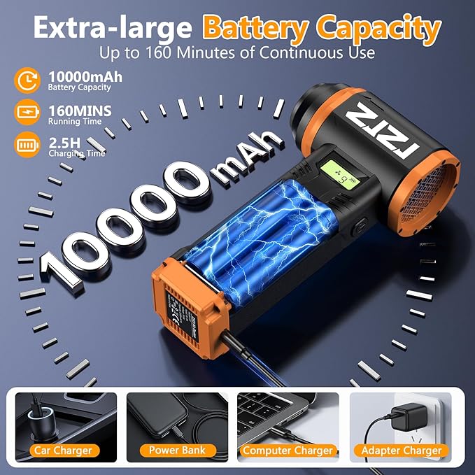 Compressed Air Duster-180000RPM Electric Air Duster with 40MM Brushless Motor, 9-Gears Adjustable Mini Air Blower with LED Light, 10000mAh Rechargeable Battery, Dust Blower for Computer, Home, Car