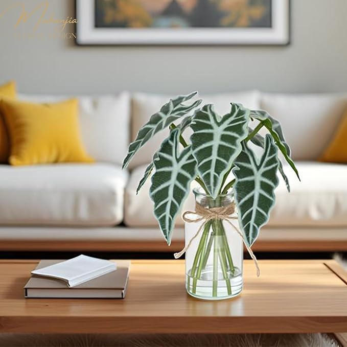 Muhanjia Artificial Flowers Turtle-Back, Alocasia Leaf, in Glass Vase with Faux Water,7Pcs Artificial Leaves Real Touch Latex Leaves for Centerpiece (2, Alocasia Leaf)