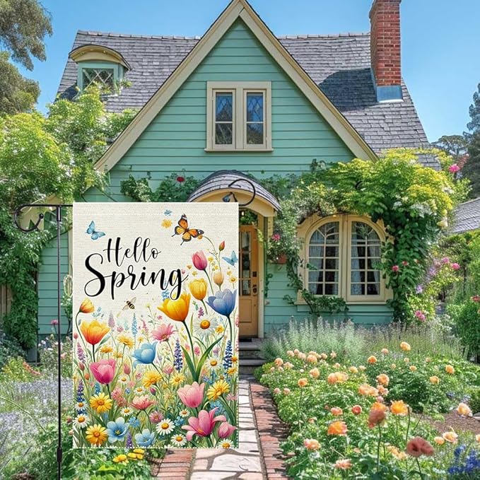 Hello Spring Summer Tulip Garden Flag 12x18 Inch Double Sided Bee Flowers Butterfly Colorful Floral Small Burlap Yard House Seasonal Farmhouse Outside Spring Decor Flags