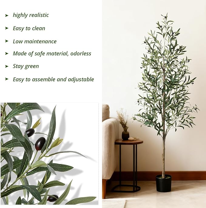 6ft Faux Olive Tree, Artificial Olive Tree Indoor, High Imitation Silk Plant Artificial Plants with Natural Wood Trunk and Lifelike Fruits for Home Office Decor