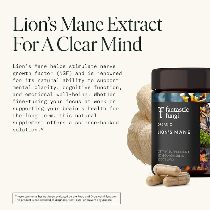 Fantastic Fungi Lions Mane Supplement Capsules - Lions Mane Mushroom Supplement for Focus, Memory & Mood - Adaptogenic Functional Mushroom Extract, USDA Organic, Vegan, 120 Capsules (2-Month Supply)