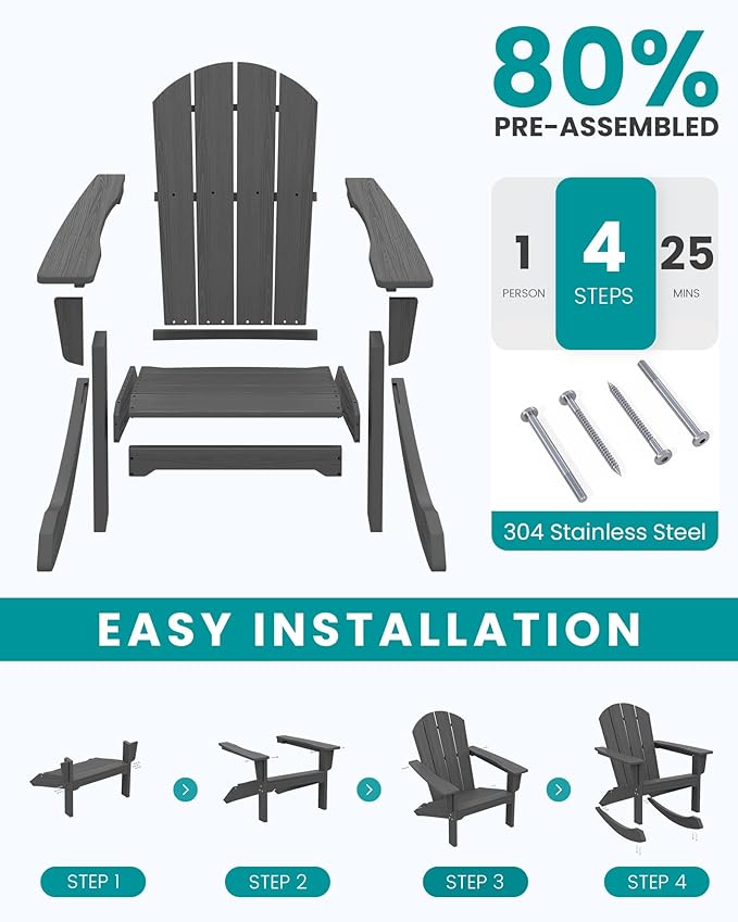 SERWALL Outdoor Adirondack Rocking Chairs Set of 6, All-Weather HDPE Adirondack Rocker Chair, Front Porch Rocker Chairs for Patio Lawn Porch Deck, Grey