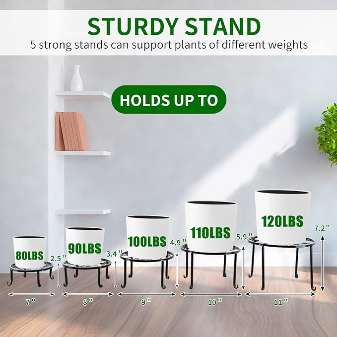 NSYOOMH 5 packs Rustproof Metal Plant Stands for Multiple Plant, Heavy Duty Plants Holder Outdoor Indoor, Round Wrought Iron Flower Planter Pot Stand, Corner Gardening Pumpkin Stand Black