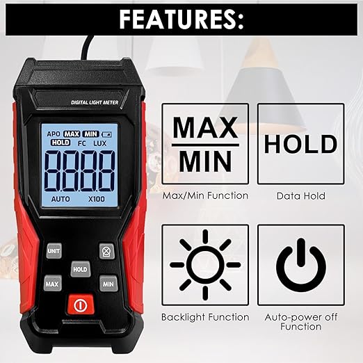 Digital Illuminance Light Meter with Flexible Sensor, Rang up to 200,000Lux Luxmeter with Lux/FC Unit Measurement Backlit 4 Digit LCD Display Light Meter Photography for Plants and Lumens LEDs