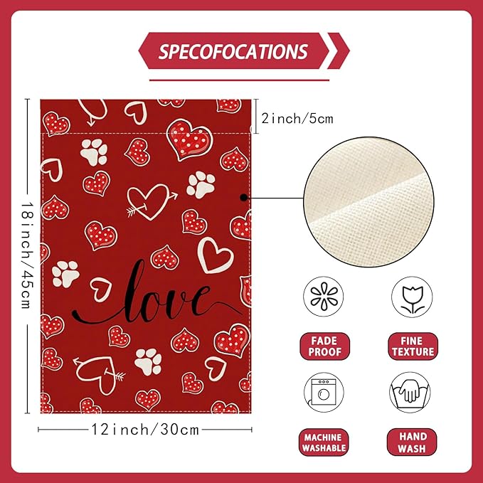 Red Love Heart Dog Paw Print Valentine’s Day Garden Flag Yard Flag 12x18 Inch Double Sided Small Mini Yard Outdoor Outside Holiday Decoration