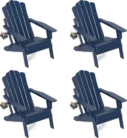 FOOWIN HDPE Adjustable Adirondack Chair Set of 4, 400lbs Heavy Duty Folding Patio Chairs with Cup Holder, 3-Position Reclining Fire Pit Seating, All-Weather Poly Lumber for Backyard, Deck - Navy Blue