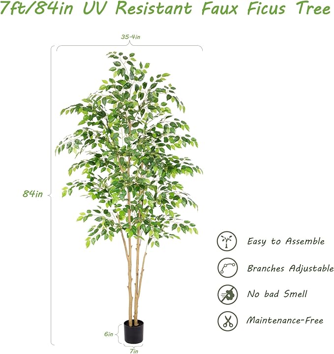Tall UV Resistant Ficus Tree Artificial，7ft(84in) Realistic Texture Potted Faux Ficus Tree， Fake Trees Indoor Outdoor for Home Office Living Room Bedroom Foyer Porch Decor.