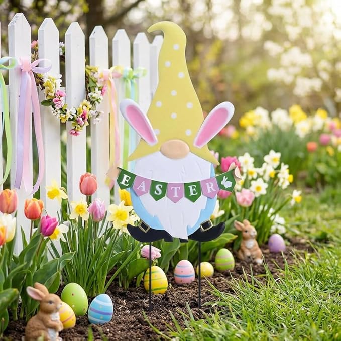 TERESA'S COLLECTIONS Easter Decorations Outdoor for Home, Metal Garden Gnomes Decor Yard Stakes, Pink & Blue Egg Rabbit Garden Stakes Gifts, Welcome Yard Signs for Outside Lawn Porch Patio, 27"