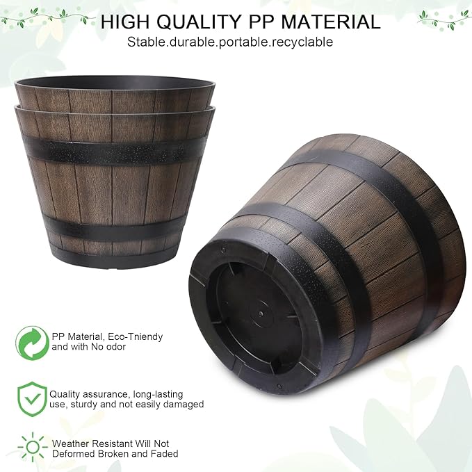 WEICHENGXING Large Plant Pots, 20 Inch 2 Pack Plastic Whiskey Barrel Planters, Big Flower Pots Wine Barrel Design for Outdoor Indoor, Garden, Porch, Patio, Backyard