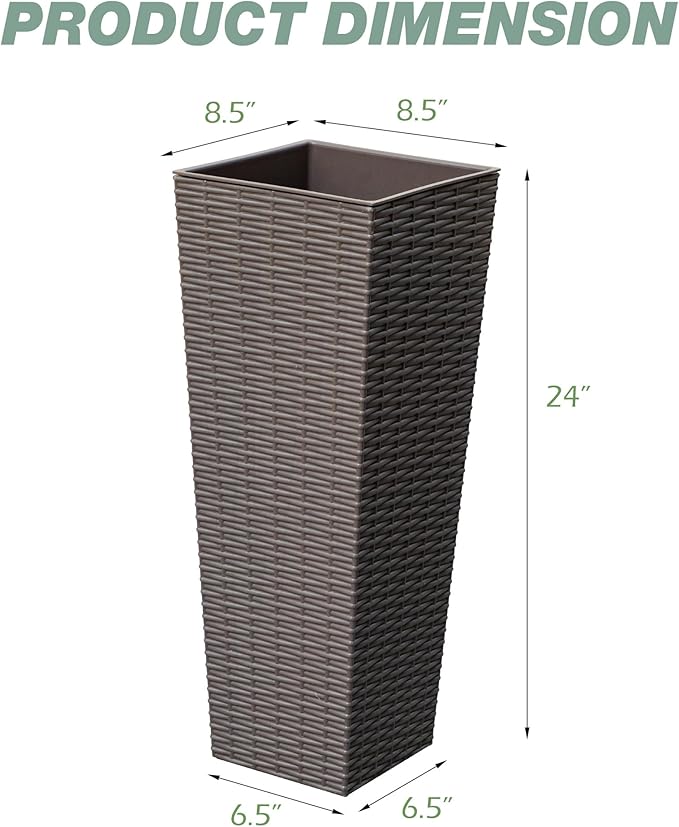 Flamaker Resin Rattan-Design Planters Set of 2, 24'' Tall Flowerpot with Additional Pot for Soil, Durable Weather-Resistant Planter with Drainage Holes for Garden, Patio, Backyard (Brown, Small)