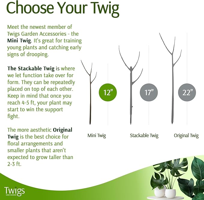 Twigs GA - Mini Twigs Plant Support Stakes for Small Plants, Indoor & Outdoor Use, Gardening Supplies, Garden Accessories, Trellis & Ring Alternative, Made in USA - Moonstone, 10 Pack, 12" L