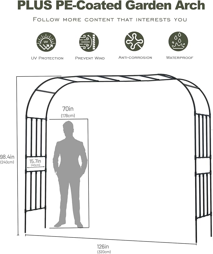 Carotex Square Tube Garden Arch Trellis, 10.5FT x 8FT Metal Arbor, Outdoor Trellis for Climbing Plants, Black