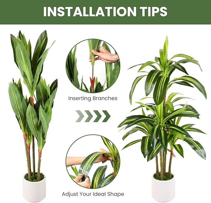 Alupssuc Artificial Dracaena Fake Tree 4FT, White High Pot Artificial Plants Indoor&Outdoor, Fake Plants for Office/Home/Living Room Potted Decoration, 4ft