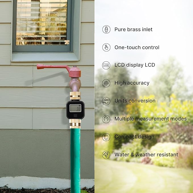 RISOON Brass Water Flow Meter with LCD - Accurate Gallon/Liter Measurement for Pool Filling, RV Tank, Garden Hose & Lawn Sprinkler