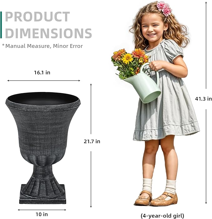Autodaya 22" Urn Planters Outdoor Planter for Plants Set of 2 Timeless Plastic Large Flower Pot with Drainage Hole Handmade Washed Black Finish Garden Pots for Porch, Patio Christmas Decor