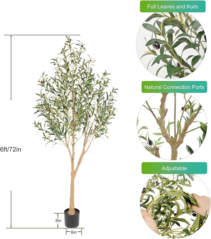 Tall Faux Olive Tree，6ft（72in） Realistic Potted Silk Artificial Olive Tree， Fake Olive Trees Indoor with Green Leaves and Big Fruits for Home Office Living Room Stairs Patio Decor.