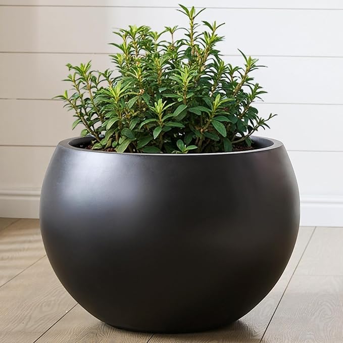 FloraFairy Fiberstone Sphere Planter, Black 15.8" Dia Round Flower Pot with Drainage Hole and Removable Plug, Round Plant Pot for Indoor Outdoor Use, 11.8" Opening-10.9" H, Medium