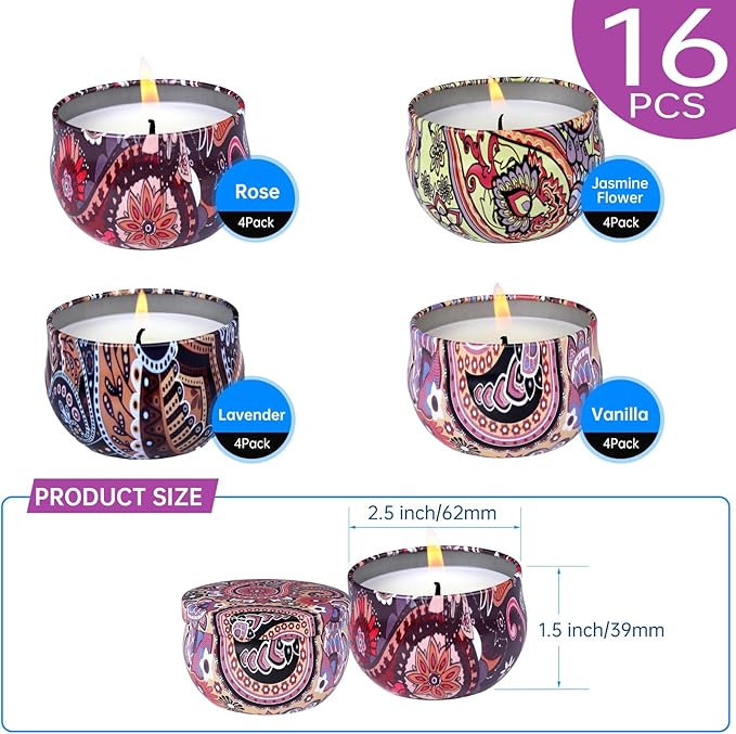 KNOURT 16 Pack Scented Candles Gift Set, Natural Soy Wax Travel Tin Candles for Home Scented, Ideal for Christmas, Birthday, Thanksgiving, Valentines Day Gifts