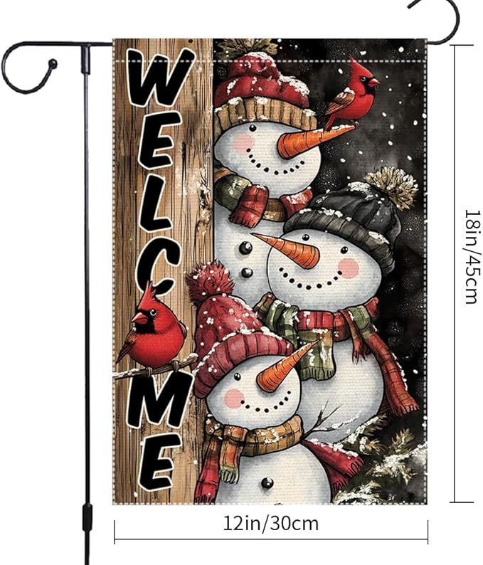 Winter Snowman Family Garden Flag Double Sided 12x18 Inch Small Burlap Outdoor Yard Decoration Holiday Welcome Banner with Cardinals
