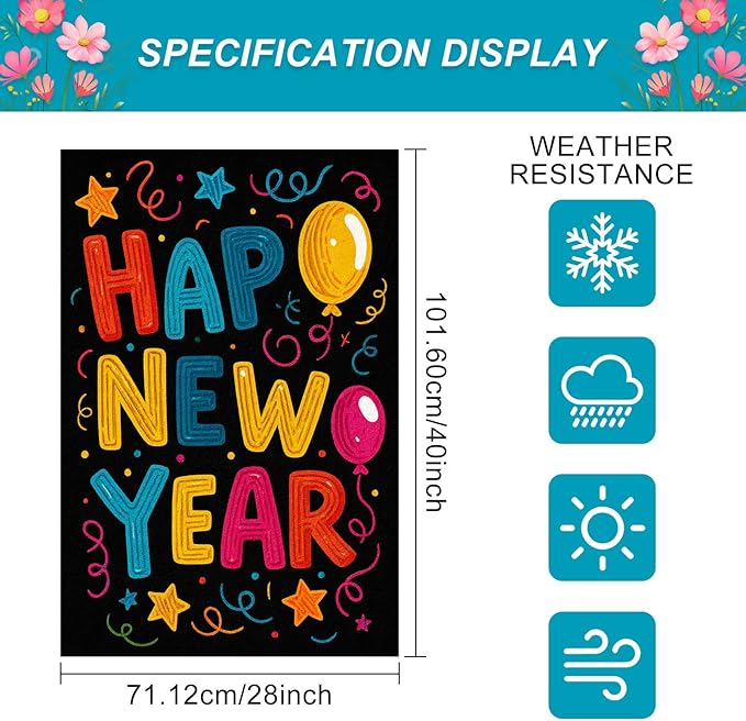 Happy New Year House Flag 28x40 Inch Double Sided Garden Flag Colorful Balloons Stars and Confetti Design Winter Holiday Yard Banner Large Outdoor Flag for Porch Lawn Home Decoration