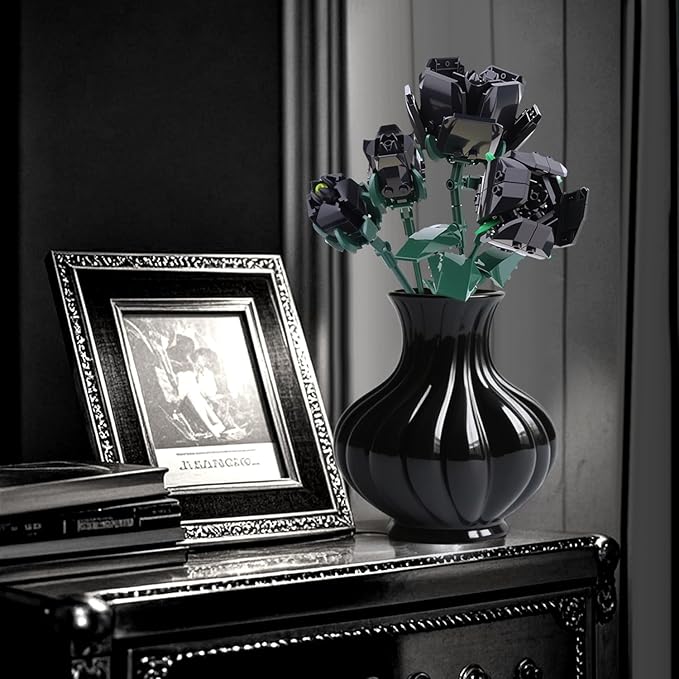 SIENON Black Rose Bouquet Building Set-10pcs Black Roses & 2pcs Leaves Botanical Collection, Artificial Flowers for Gothic Home Halloween Décor Women Gothy Teens (No Vase)