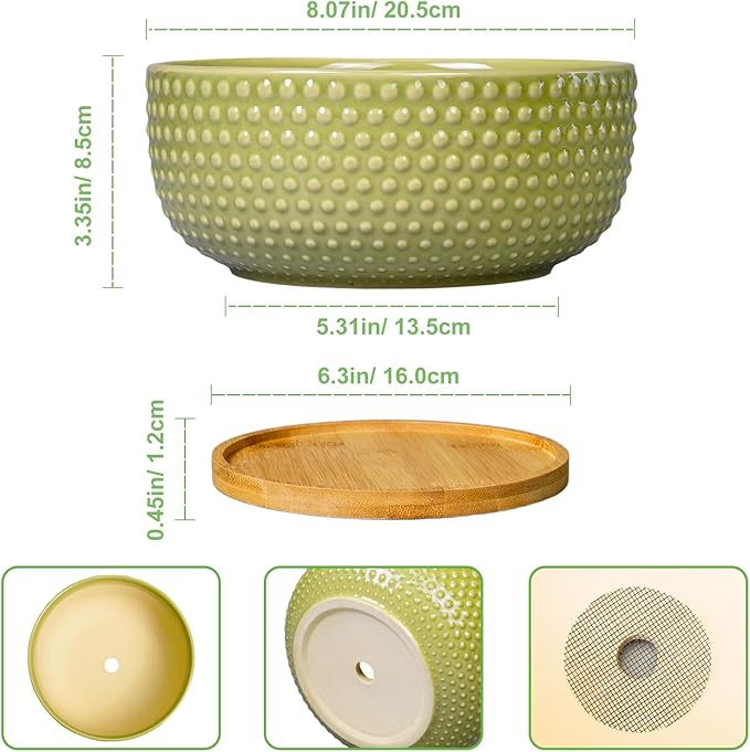 EPFamily Bonsai Planter - 8 Inch Ceramic Succulent Pots with Drainage Hole and Saucer for Indoor Plants, Boho Shallow Round Planter Bowl, Desk Decor, Garden Lover Gifts, Green