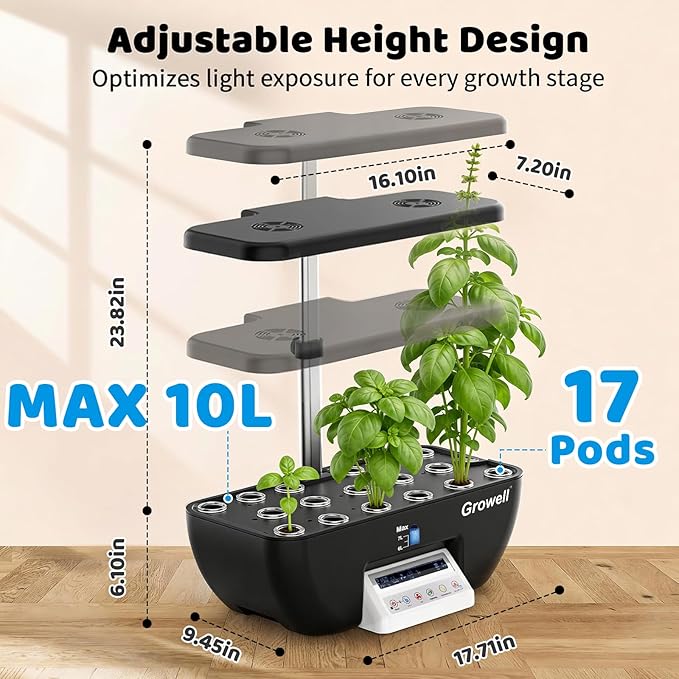 Hydroponics Growing System Kit, 17 Pods Indoor Herb Garden with Grow Light, Smart Water & Air Circulation with 2 Fans, Auto Timer, 10L Water Tank, Perfect Indoor Gardening System Gifts (Black)