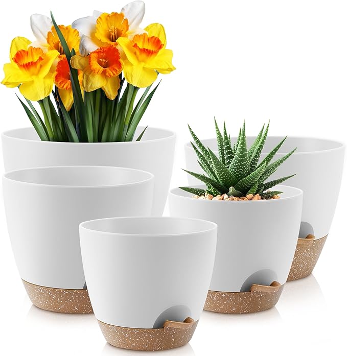 YNNICO Plant Pots 10/9/8/7.5/7 inch, Self Watering Planters with Drainage Holes & Saucers for Indoor and Outdoor Plants (White)