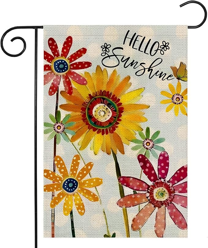 Spring Flowers Garden Flag 12x18 Inch Double Sided,Hello Sunshine Sunflower Daisy Small Yard Flags for Outdoor,Summer Seasonal Decoration for Farmhouse Holiday Outside