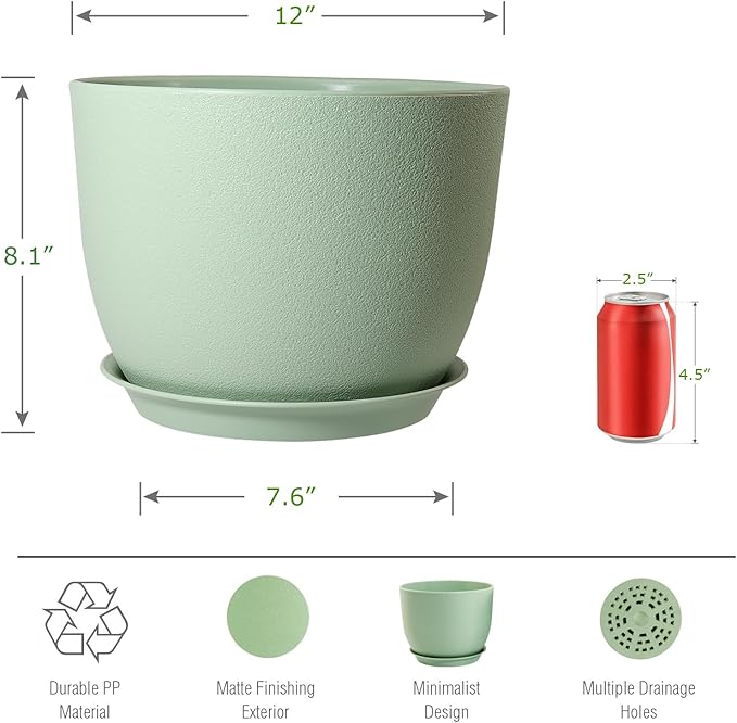UOUZ 12inch Large Plant Pot, Modern Plastic Planter with High Driange Holes and Saucer for Indoor Outdoor Garden Plants and Flowers, Green