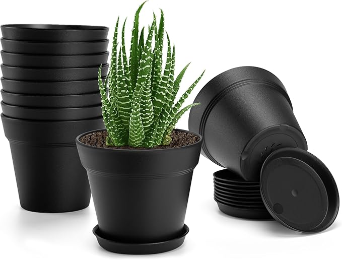 FHWTY 10 Pack Plastic Plant Pots with Drainage Holes and Tray, 5 inch Thickened Indoor Planters Seedlings Nursery Pots for Flowers, African Violet, Succulent and All House Plants, Black