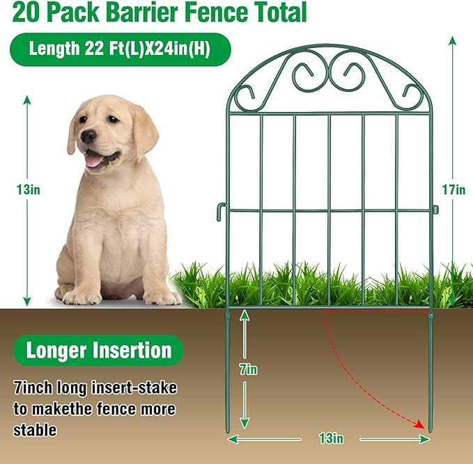 ADAVIN 20 Panels Collapsible Garden Fence Animal Barrier,22 Ft(L) x 24 in(H) Rustproof Metal Wire Panel Border for Dogs Rabbits, Arched Flower Edging for Landscape Patio Yard Outdoor Decor, Green