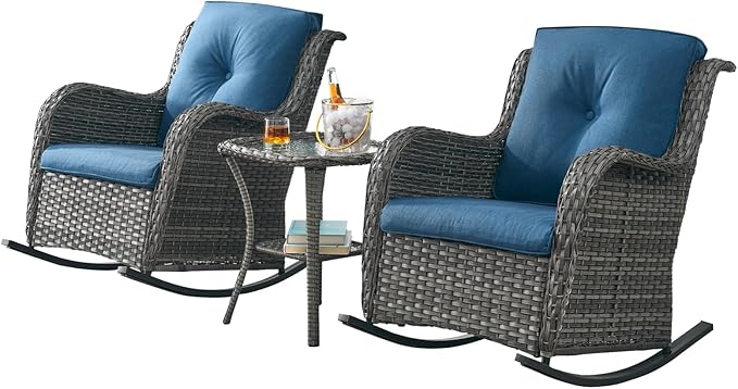 Rilyson Patio Chairs Outdoor Rocking Chair - 3 Piece Wicker Patio Bistro Set Rattan Patio Furniture Rocker Chairs and Side Table for Porch Deck Backyard Garden(Mixed Grey/Blue)