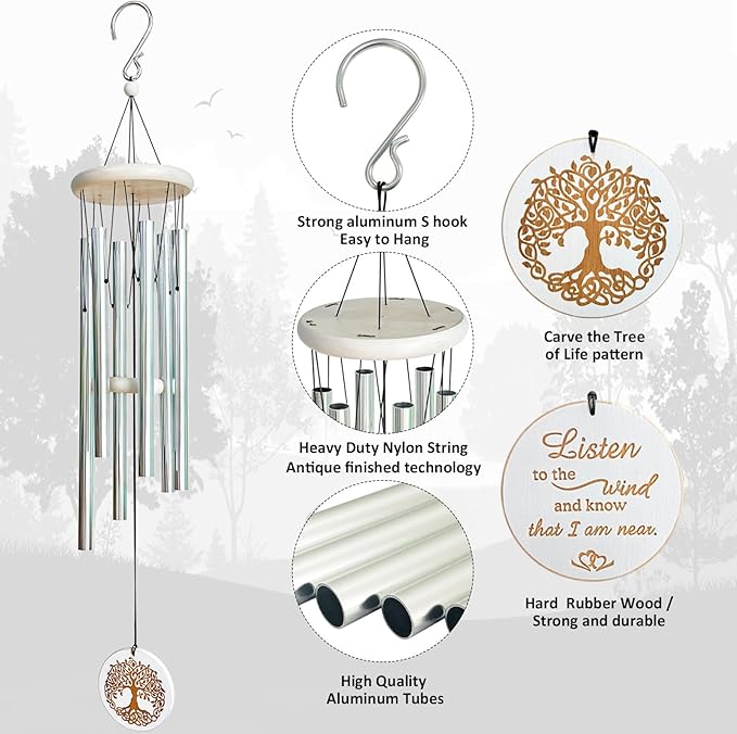 Aoedelyart Wind Chimes Outdoors,33" WindChimes for Loss of Loved One,Memorial/Sympathy Gifts for Mother/Unisex/Father,Tree of Life Wind Chimes for Outside Zen Garden Home Yard Decoration (Silver)