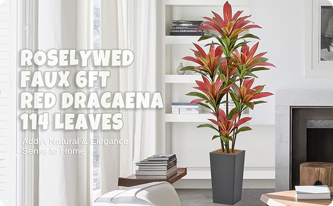 Roselywed Artificial Red Dracaena Tree 6FT with 114 Leaves & 7 Heads & Gray Tall Planter Cover with Coconut Fiber Tall Faux Tropical Silk Bicolor Plant 72 Inch for Indoor Home Office Porch Mall Decor