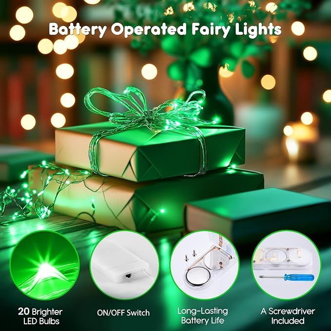 Minetom 6 Pack Fairy Lights Battery Operated String Lights - 7ft 20 LED Waterproof Silver Wire Firefly Lights for St Patrick's Day Decor DIY Crafts Wedding Table Centerpieces, Green