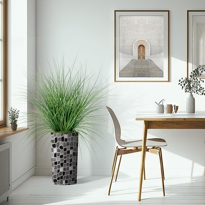 Artificial Tree in Modern Geometric Pattern Planter, Fake Onion Grass Silk Tree for Indoor and Outdoor Home Decoration - 55" Overall Tall (Plant Pot Plus Tree)