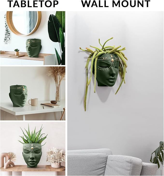 Head Planter - Indoor & Outdoor Home Decor Gifts for Plant Lovers - for Flat Surface or Wall Mount - Unique Face Planter for Flowers, Succulents, & More (7 inch, Serena Design, Green)