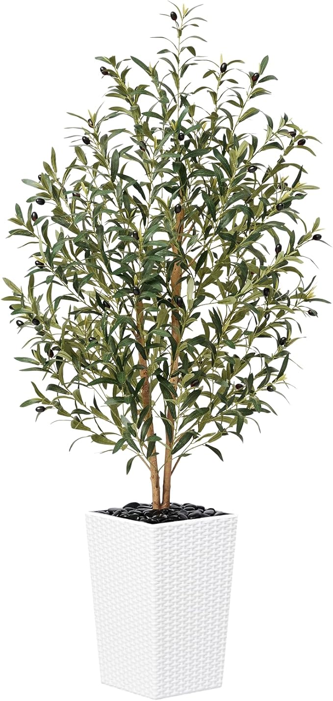 VeriNatural Artificial Olive Tree 5FT - Tall Faux Olive Trees with Natural Wood Trunk, Silk Leaves, White Taper Planter & Pebbles, UV Resistant Fake Plants Indoor for Home Decor, Office,Outdoor,VN131