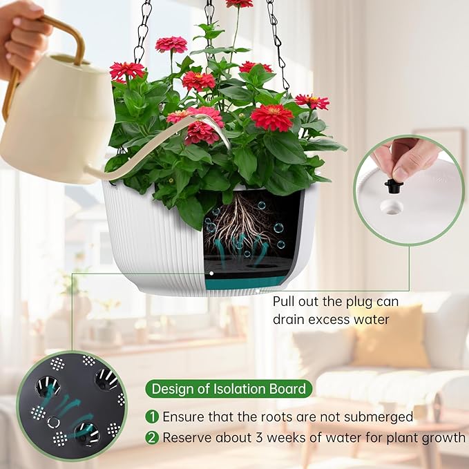 Kvetto Set of 2 White 8.8 Inch Hanging Planters for Indoor Outdoor Plants, Self Watering Hanging Baskets Flower Pots with Drainage Hole & Plug