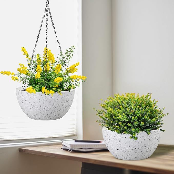 Meowell 12 inch Large Hanging Planters for Indoor Outdoor Plants, 2 Pack Hanging Flower Pots with Drainage Holes and Chain for Garden Porch, Plastic Hanging Baskets for House Plants, Speckled White