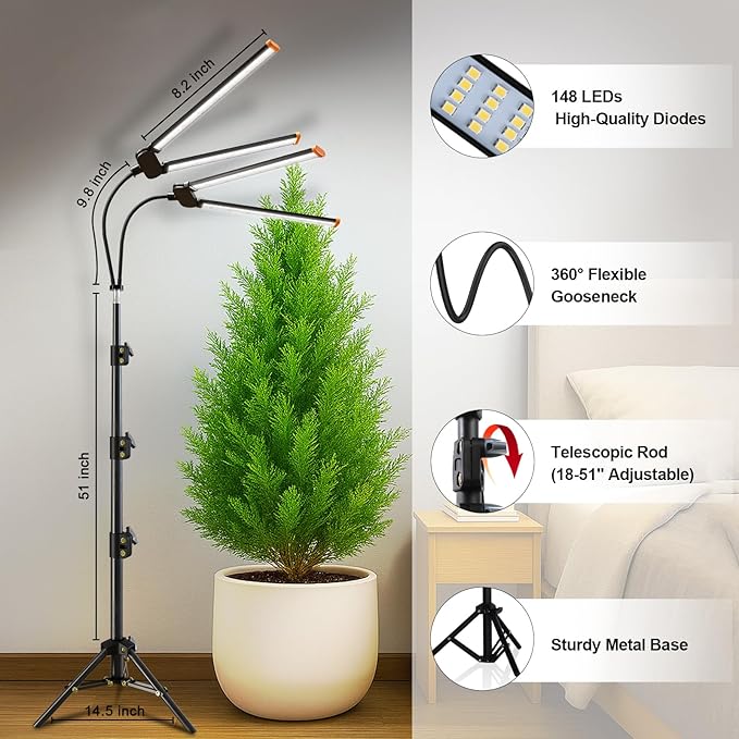 YEOLEH Floor Lamp Grow Light for Large Tall Plants Indoor, 6000K White Full Spectrum Plant Growing Light with Red Blue LED, Foldable Light Strip, Dimmable & Timer Function, Height 17-62‘’