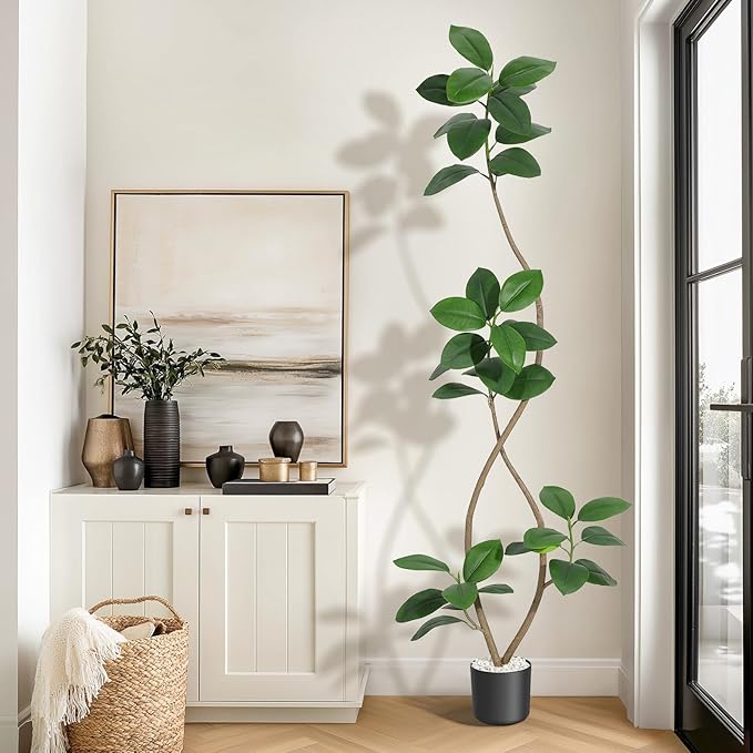 7 ft Artificial Plant Rubber Tree, Large Floor Tree Real Touch, Artificial Plants Indoor Potted with Black Sphere Resin Planter & Stone, Tall Plant Artificial Large Floor
