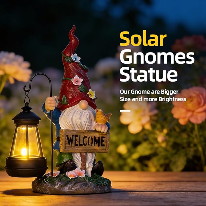 Garden Decor Gnomes Outdoor Statue with Solar Lights-Solar Garden Gnomes Decorations for Patio Lawn Yard Balcony with Lantern,Welcome Sign with Butterfly Flower, Birthday Gifts for Women Mom Grandma