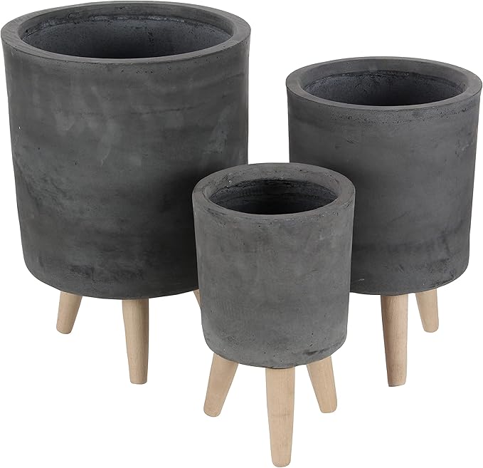 Deco 79 Fiberclay Round Planter with Wood Legs, Set of 3 12", 15", 17"H, Black